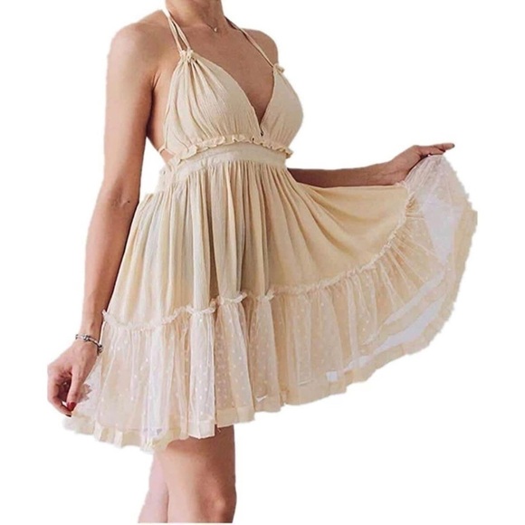 ForeMode Beige Plunge V-Neck Backless Halter Mini Babydoll Boho Dress Size XL - Picture 4 of 11